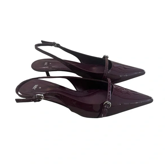 Zara burgundy patent faux leather Pointed Slingback kitten Heels size EU38 - Picture 2 of 8